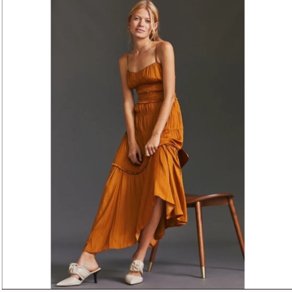 NWOT Anthro ruchet tiered satin slip midi dress gold, size 16 w